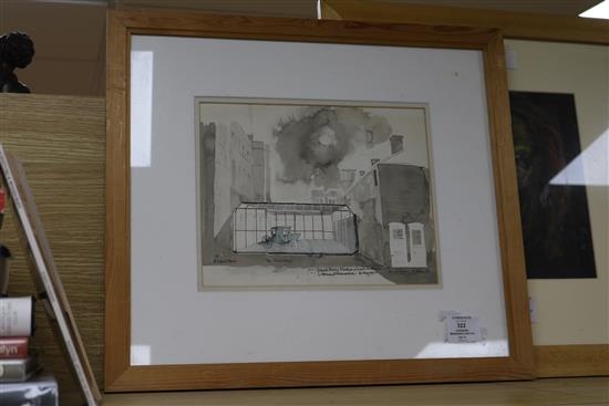 Leonard Manasseh, ink and watercolour, Royal Mews Windsor, Coach Museum 22 x 28cm